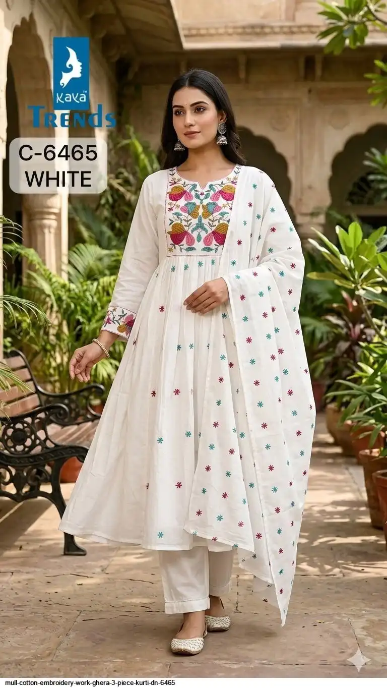 MULL COTTON EMBROIDERY WORK GHERA 3 PIECE KURTI DN 6465 B