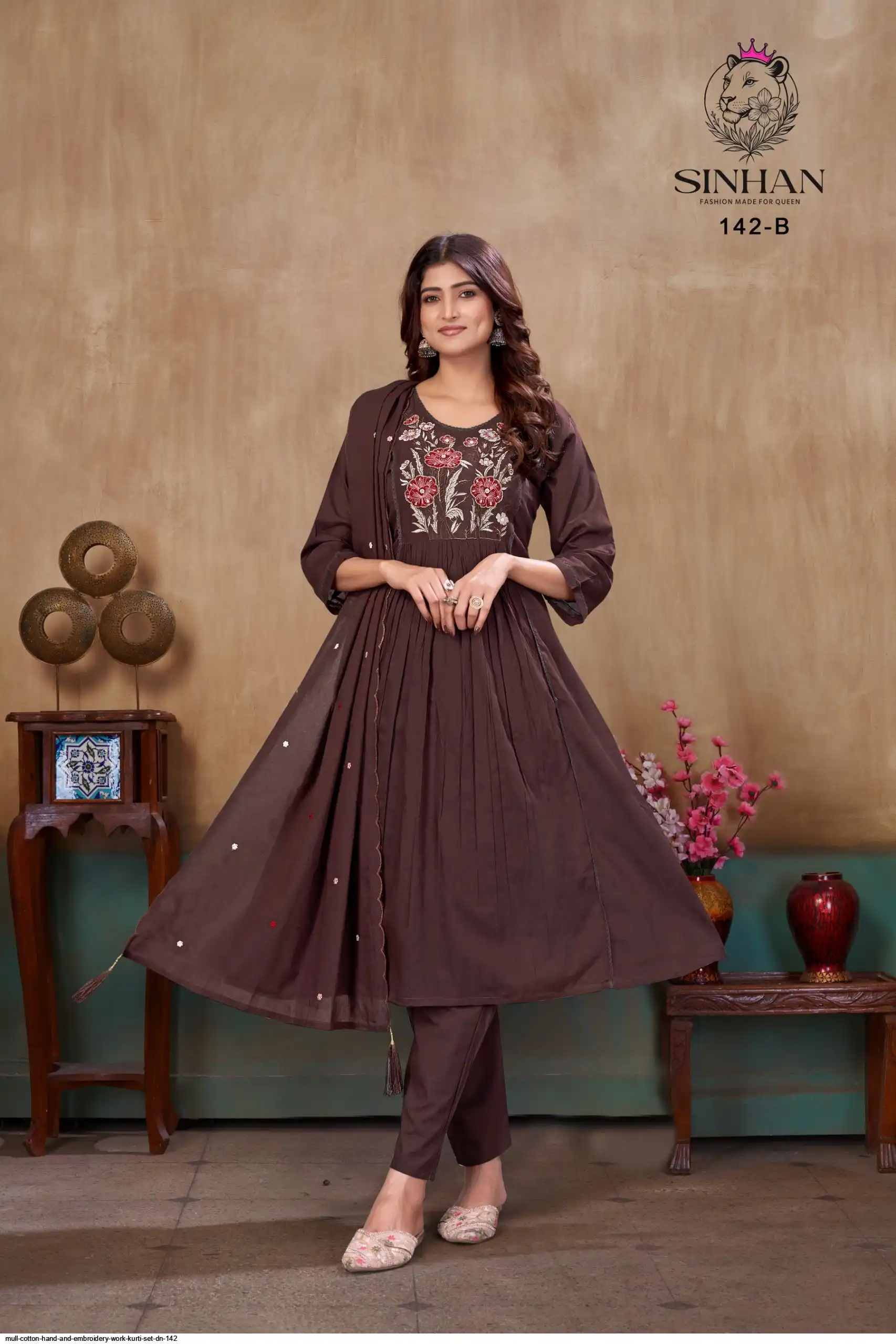 MULL COTTON HAND AND EMBROIDERY WORK KURTI SET DN 142 B