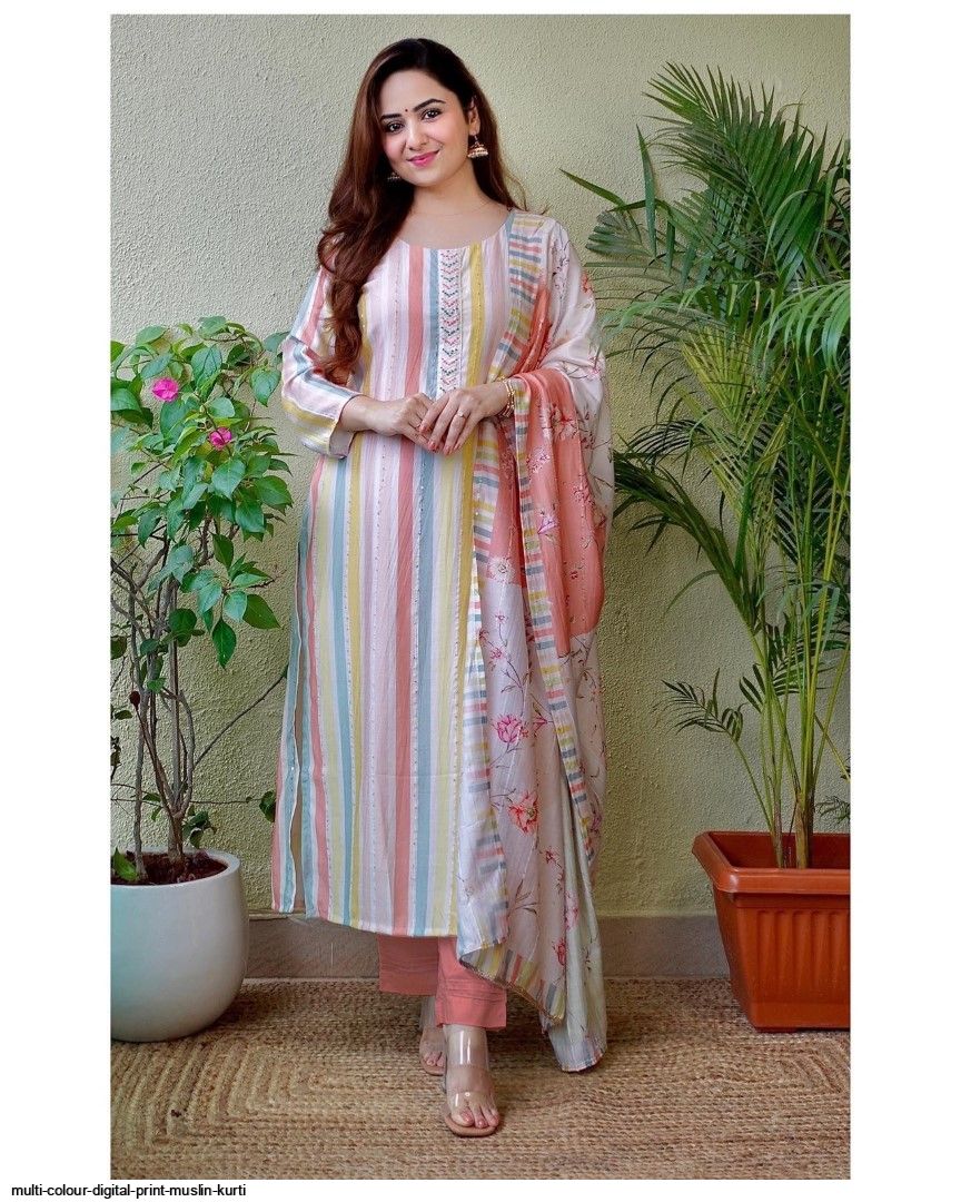 MULTI COLOUR DIGITAL PRINT MUSLIN KURTI