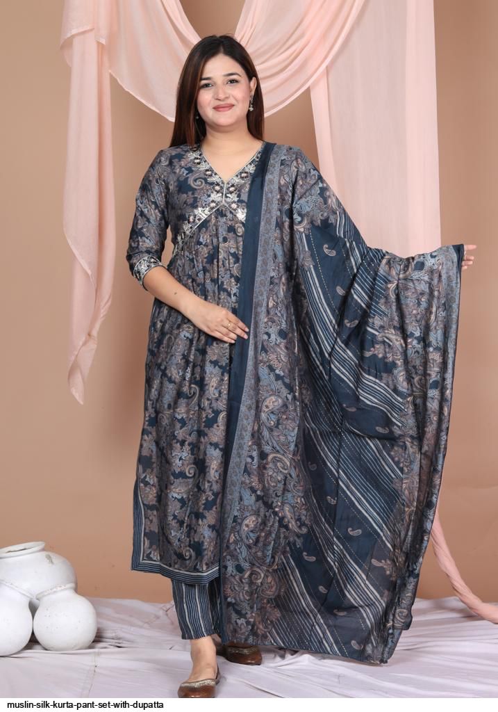 muslin silk Kurta pant set with dupatta