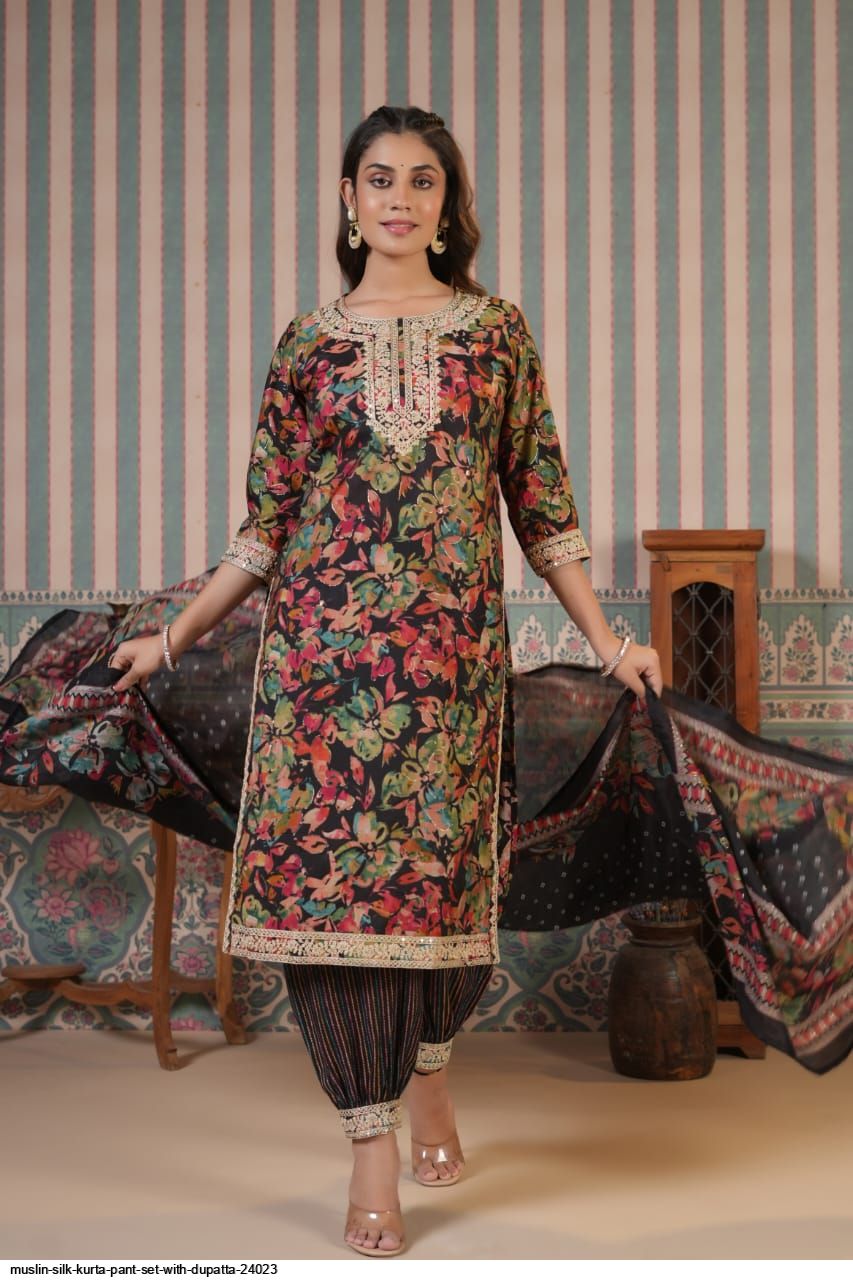 muslin silk Kurta pant set with dupatta 24023