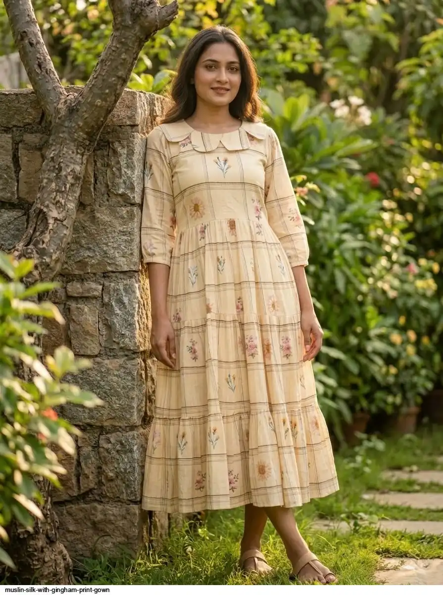 MUSLIN SILK WITH GINGHAM PRINT GOWN A