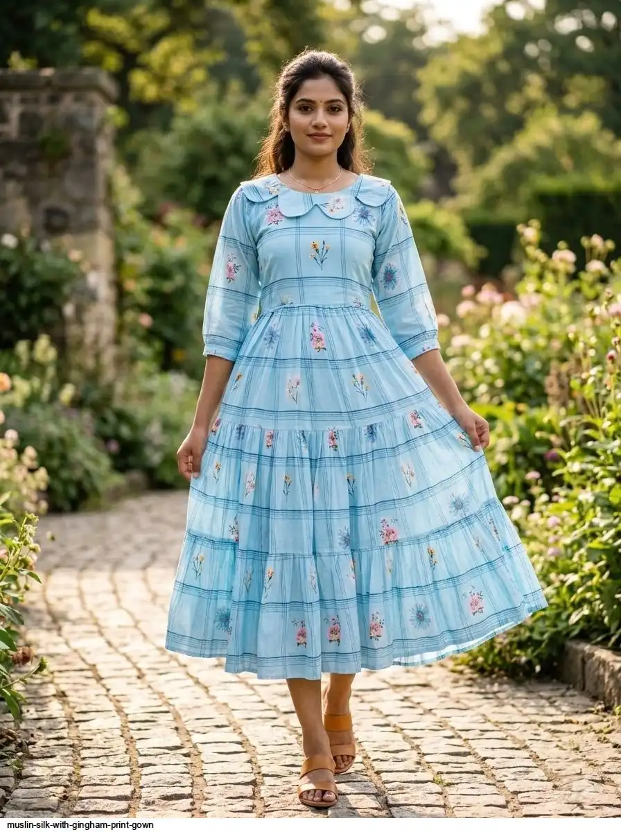 MUSLIN SILK WITH GINGHAM PRINT GOWN B