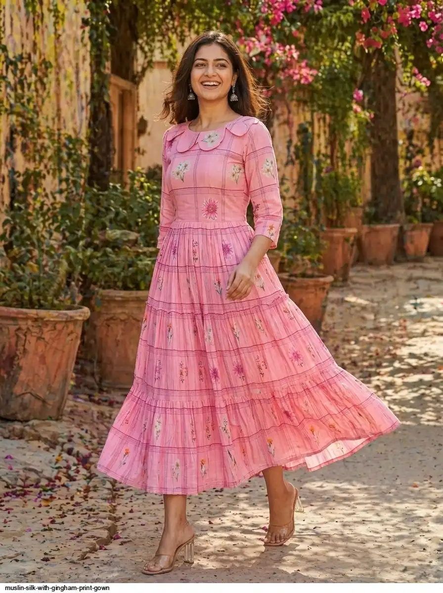 MUSLIN SILK WITH GINGHAM PRINT GOWN C