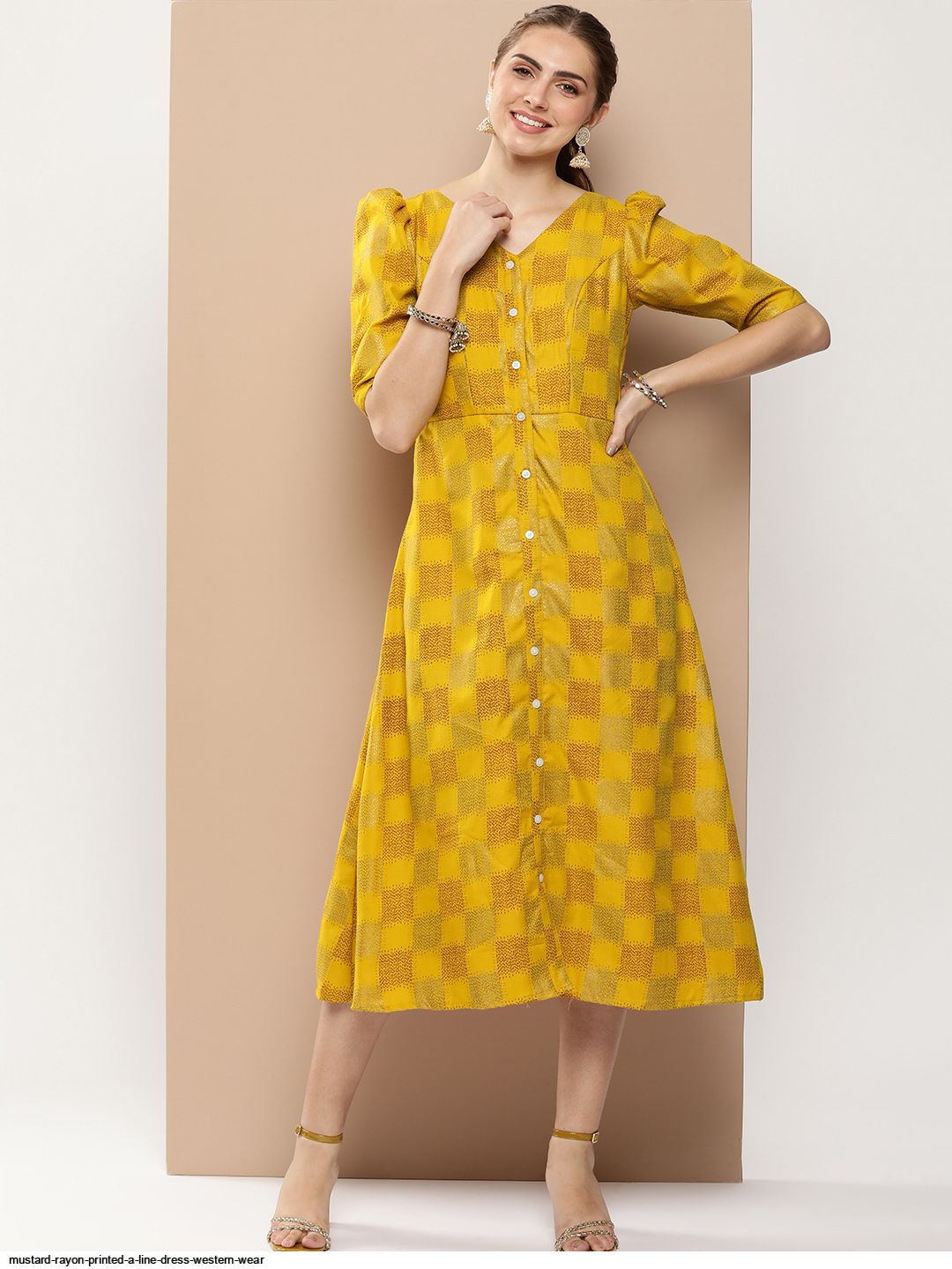 Mustard Rayon Printed A-Line Dress WESTERN WEAR Mustard Rayon Printed A-Line Dress WESTERN WEAR