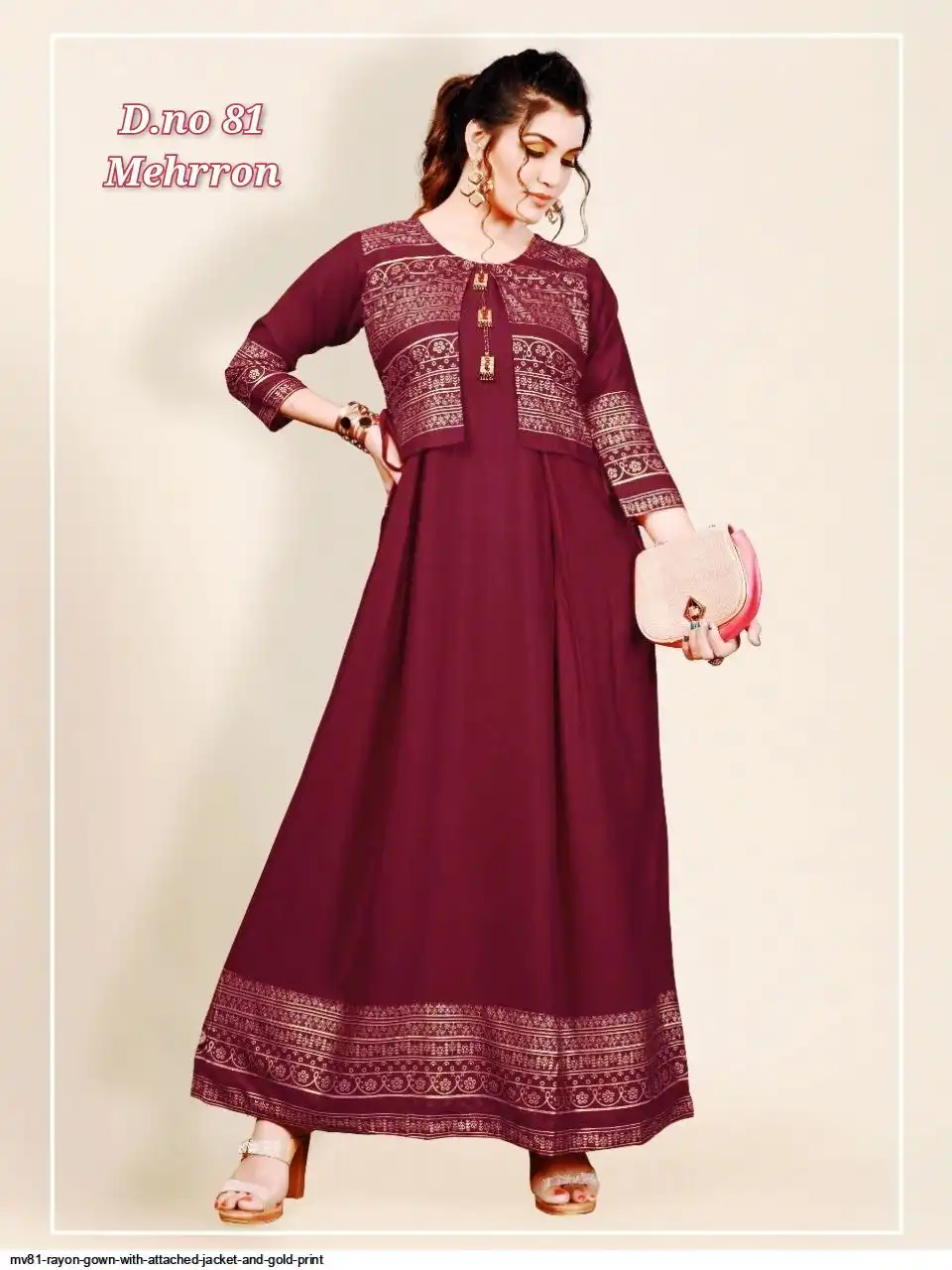 MV81 RAYON GOWN WITH ATTACHED JACKET AND GOLD PRINT F