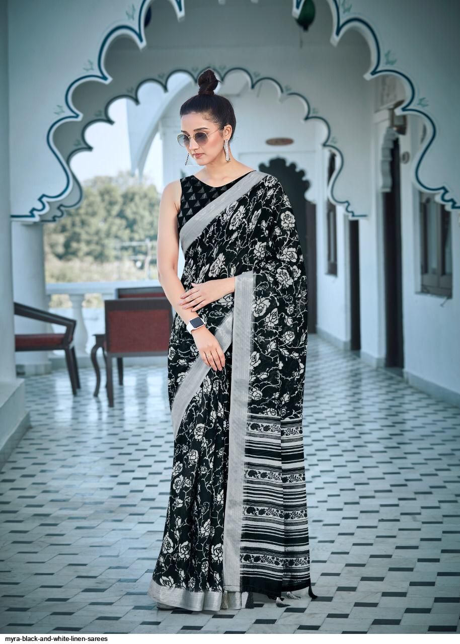 traditional black and white color digital printed linen saree –  svaracollection