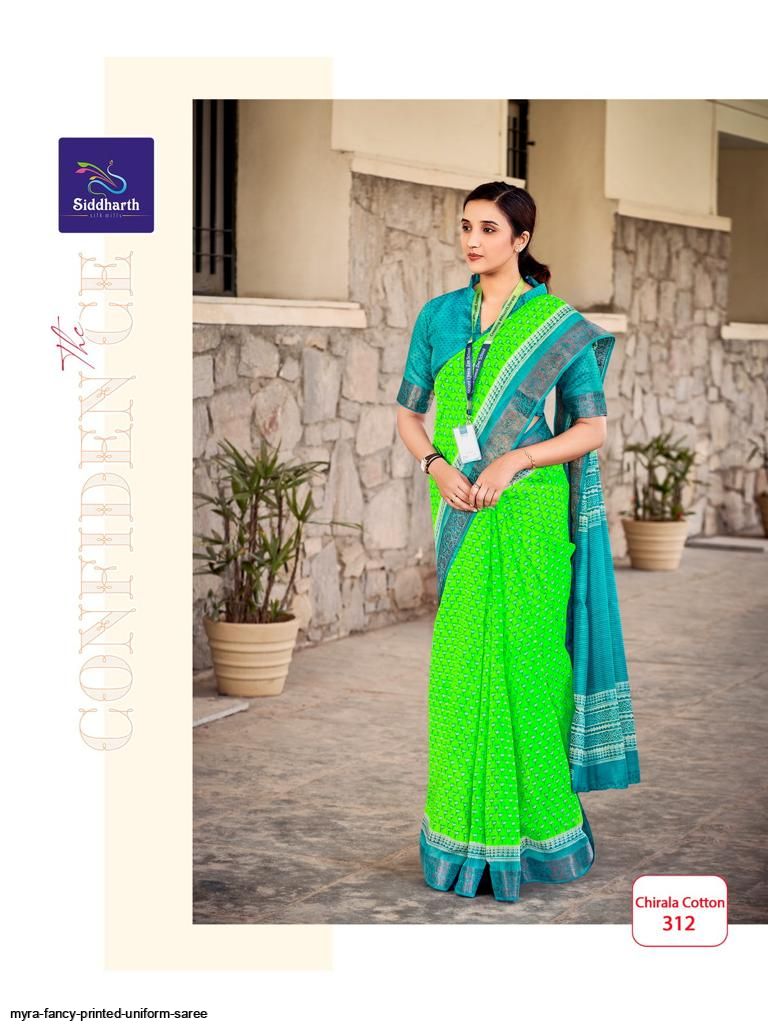 Green And Blue Tripura Cotton Hotel Uniform Saree– Uniform Sarees