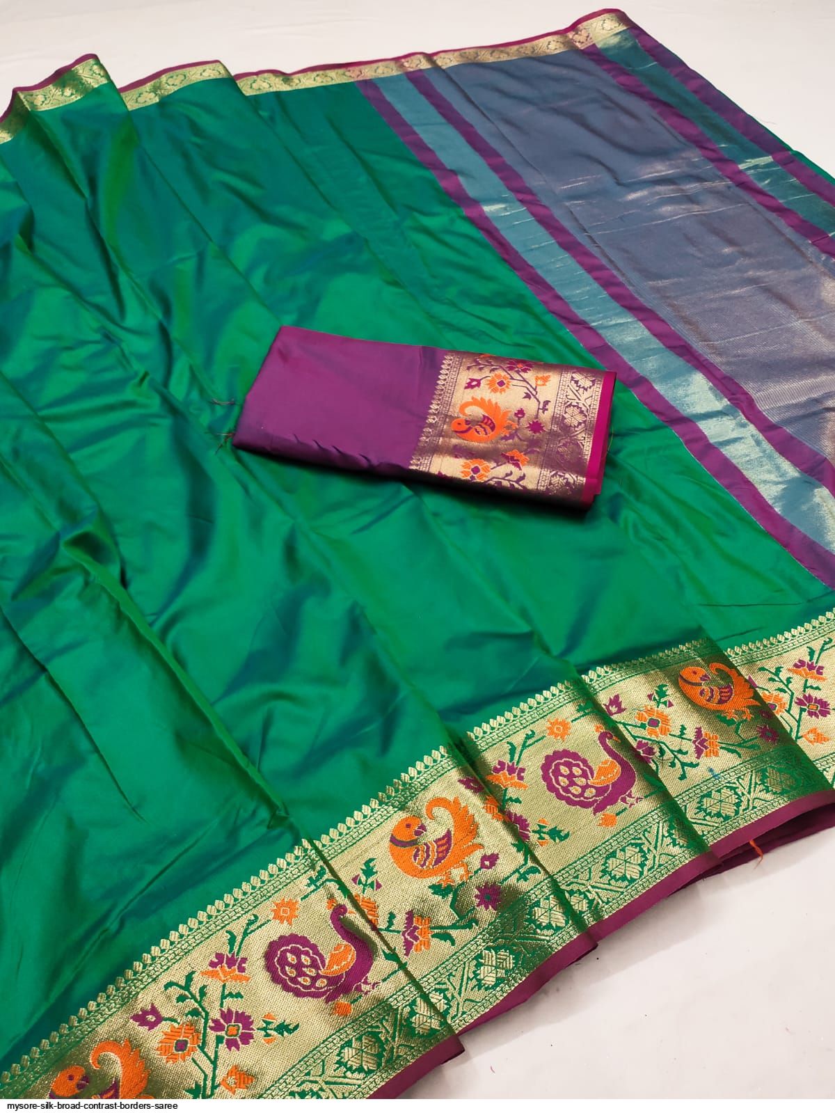 Mysore silk broad contrast borders saree