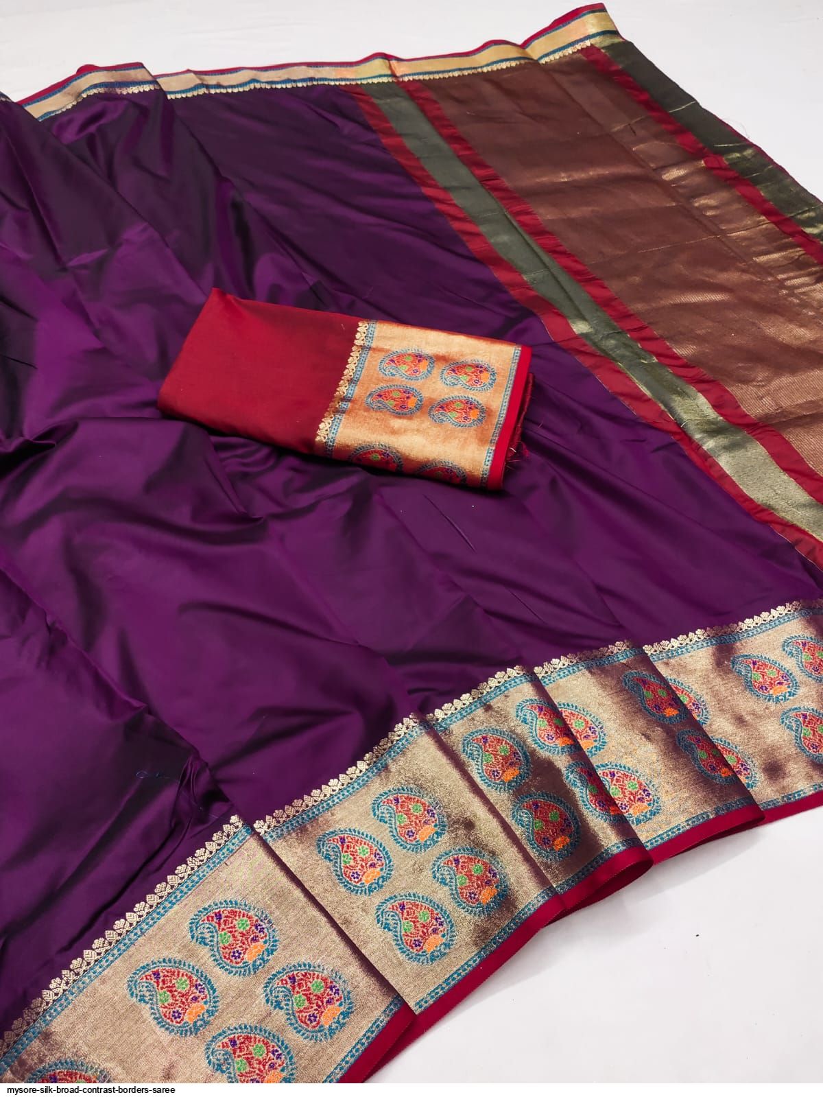 Mysore silk broad contrast borders saree