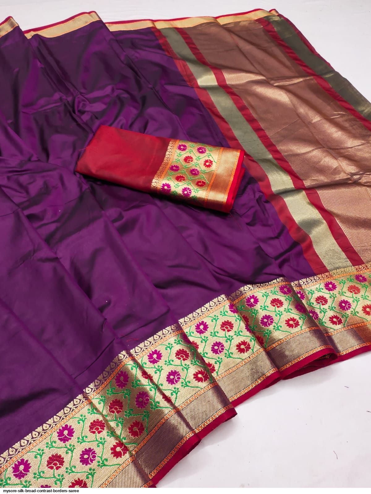 Mysore silk broad contrast borders saree