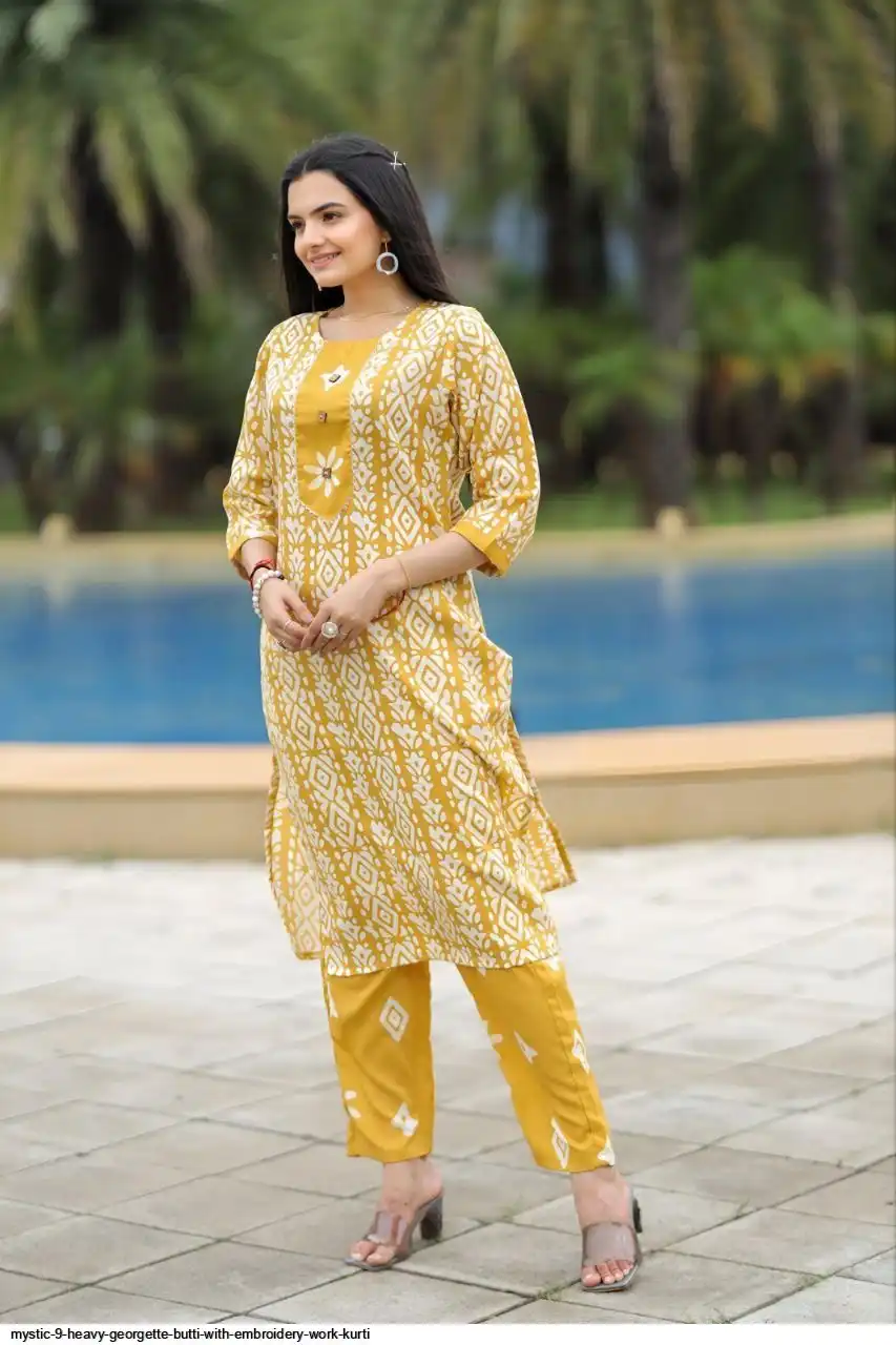 MYSTIC 9 HEAVY GEORGETTE BUTTI WITH EMBROIDERY WORK KURTI A