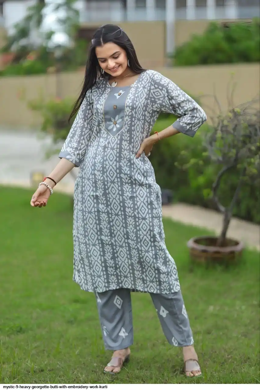 MYSTIC 9 HEAVY GEORGETTE BUTTI WITH EMBROIDERY WORK KURTI C
