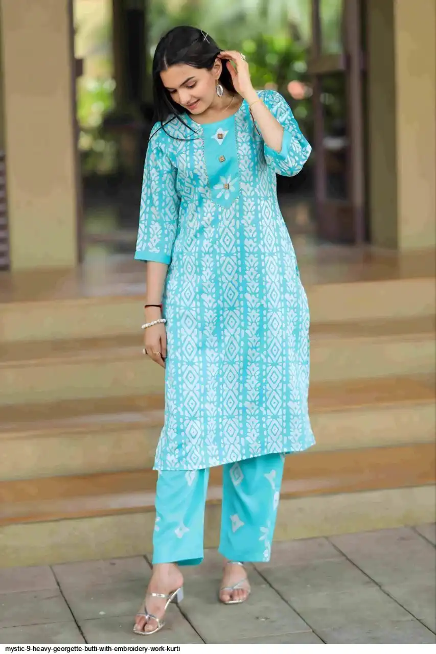 MYSTIC 9 HEAVY GEORGETTE BUTTI WITH EMBROIDERY WORK KURTI B