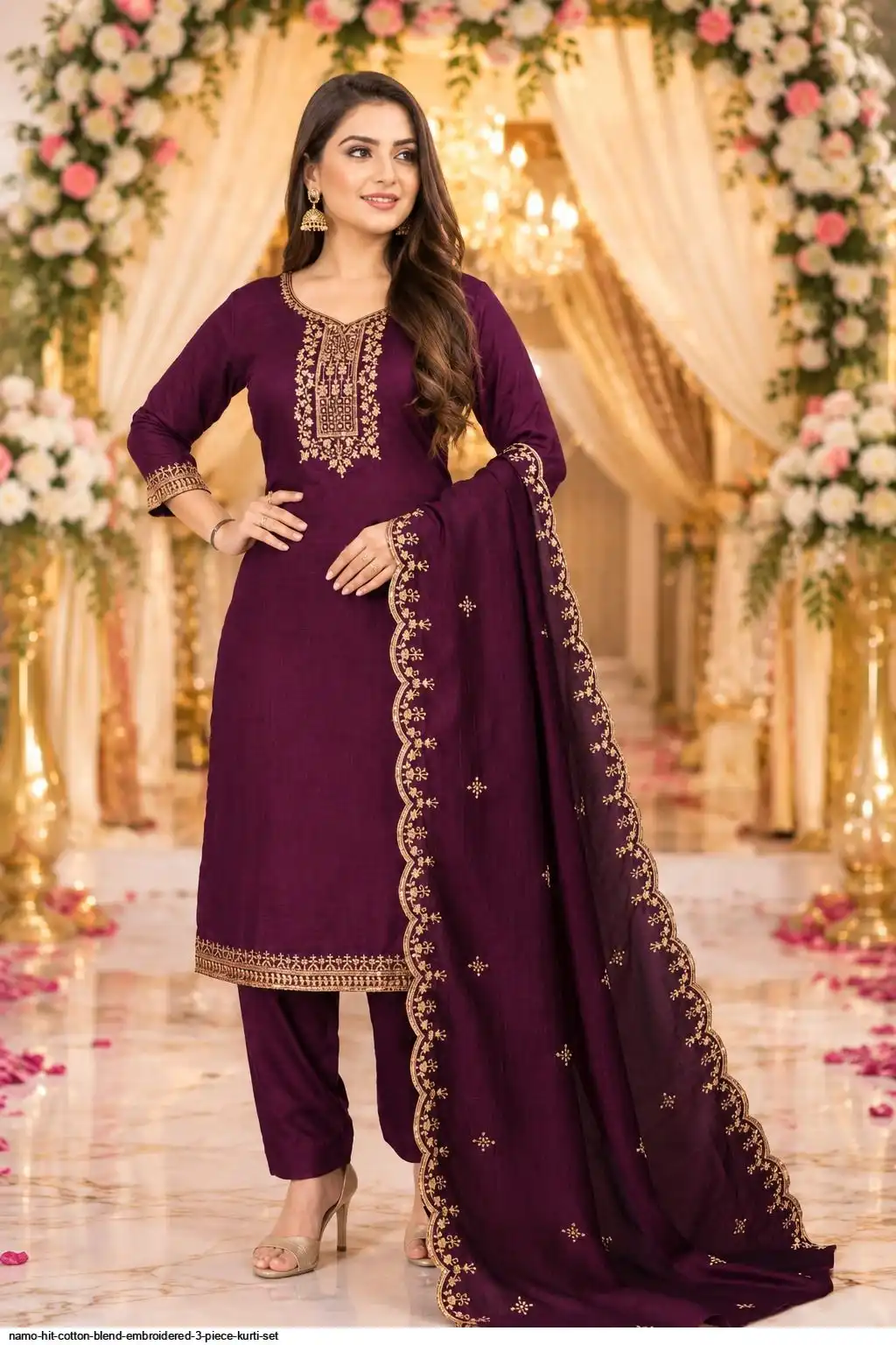 NAMO HIT COTTON BLEND EMBROIDERED 3 PIECE KURTI SET B