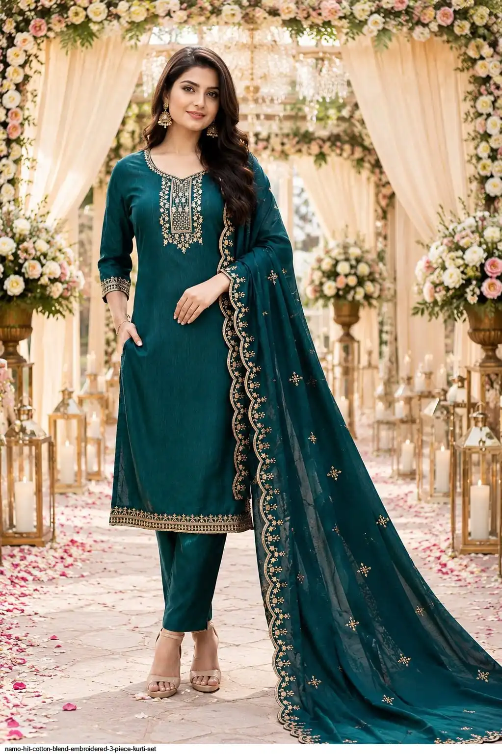 NAMO HIT COTTON BLEND EMBROIDERED 3 PIECE KURTI SET A