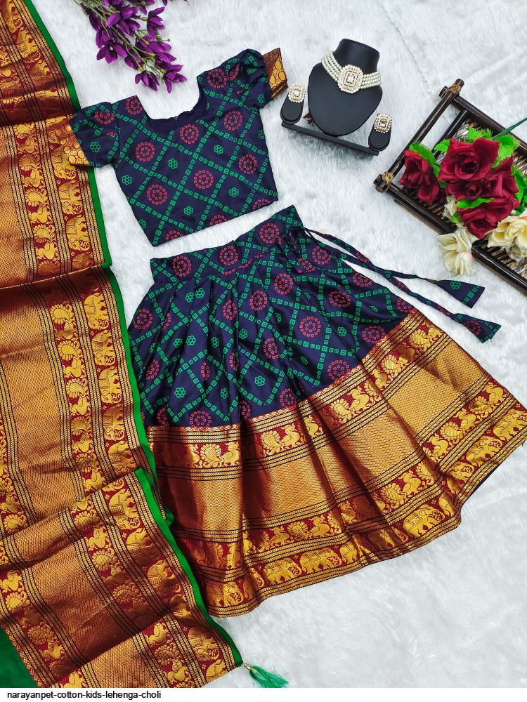 Stunning kalamkari print pattu border kids lehenga and orange kids pavada  with neck line embroidery.. 2022-02-01 02… | Kids blouse designs, Kids  dress, Kids lehenga