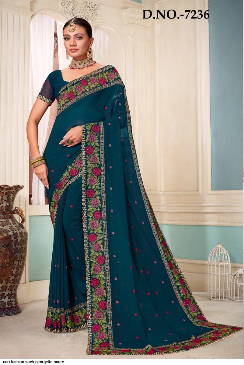 Buy Teal Georgette Saree With Paisley Embroidery And Stone Online at Soch  India