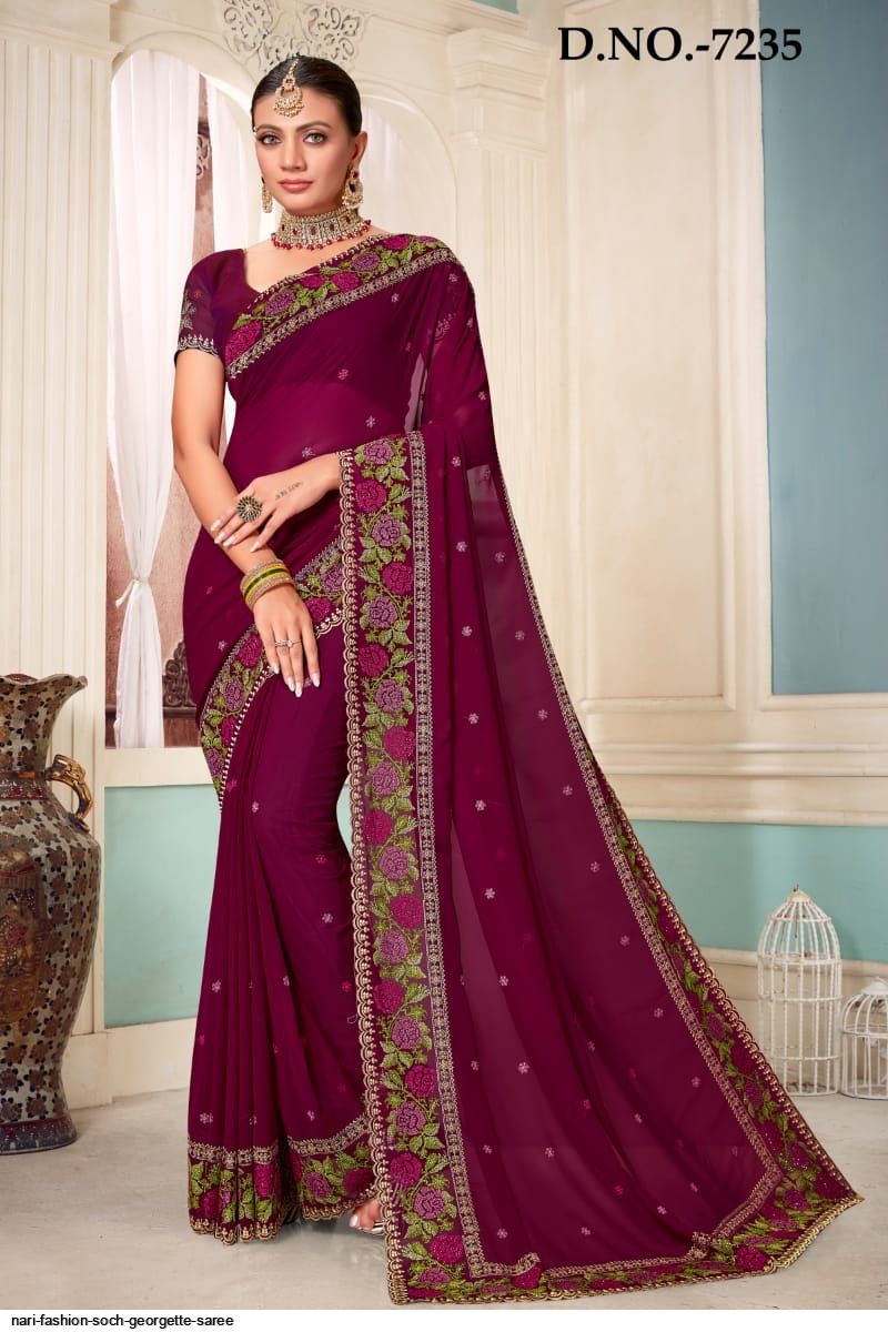 Buy Teal Georgette Saree With Paisley Embroidery And Stone Online at Soch  India