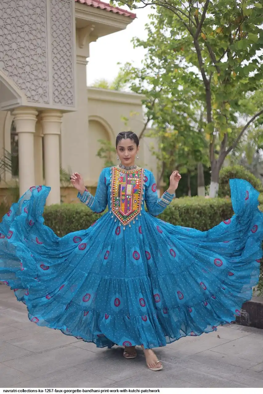 NAVRATRI COLLECTIONS KA 1267 FAUX GEORGETTE BANDHANI PRINT WORK WITH KUTCHI PATCHWORK 1