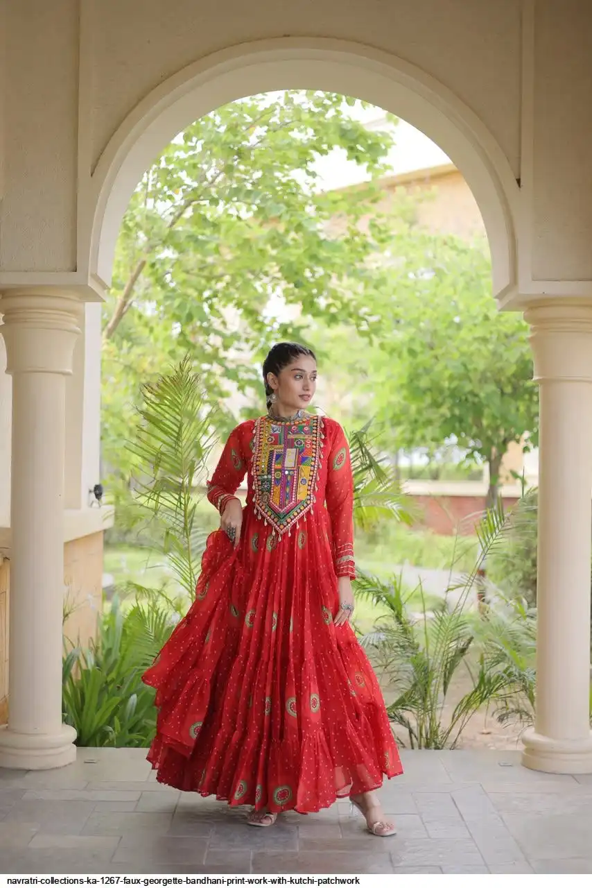 NAVRATRI COLLECTIONS KA 1267 FAUX GEORGETTE BANDHANI PRINT WORK WITH KUTCHI PATCHWORK 2