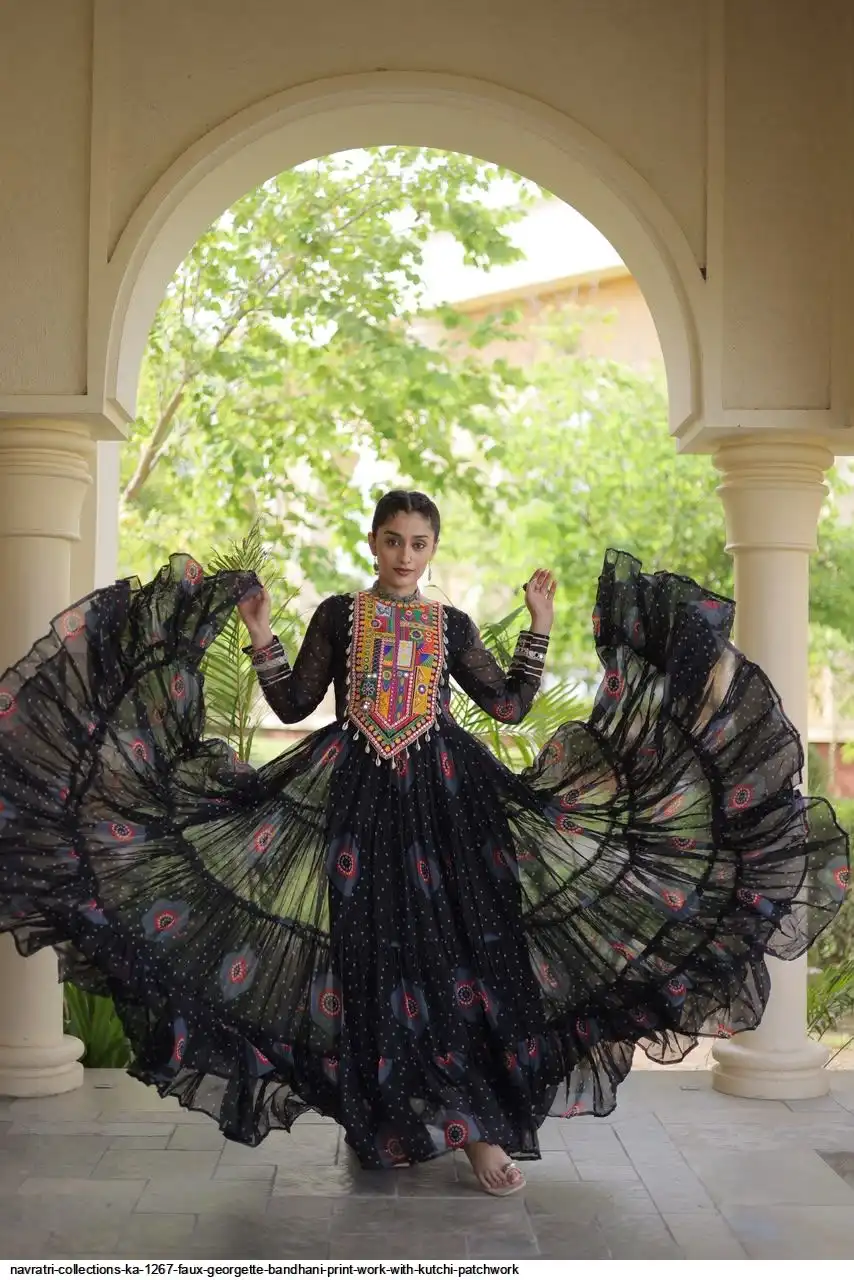 NAVRATRI COLLECTIONS KA 1267 FAUX GEORGETTE BANDHANI PRINT WORK WITH KUTCHI PATCHWORK 4