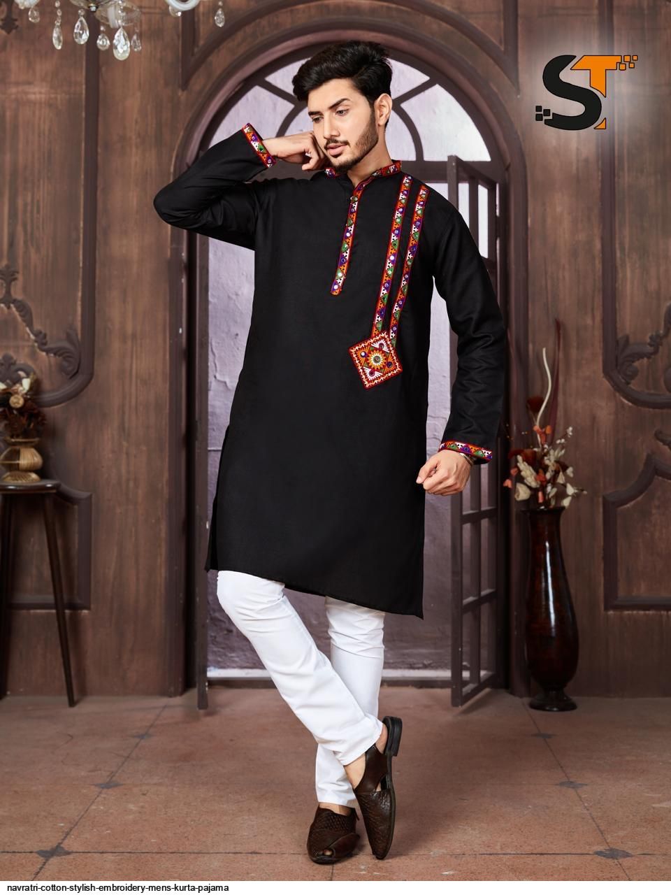 NAVRATRI COTTON STYLISH EMBROIDERY MENS KURTA PAJAMA C