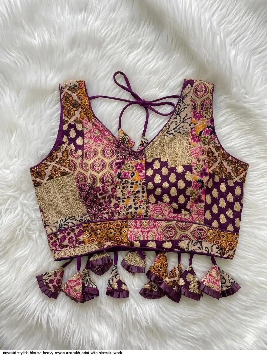 NAVRATRI STYLISH BLOUSE HEAVY REYON AZARAKH PRINT WITH SIROSAKI WORK 2