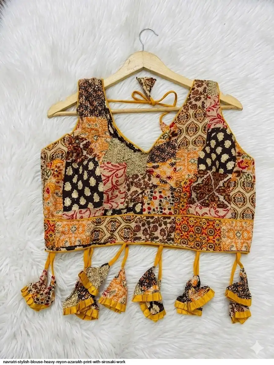 NAVRATRI STYLISH BLOUSE HEAVY REYON AZARAKH PRINT WITH SIROSAKI WORK 4