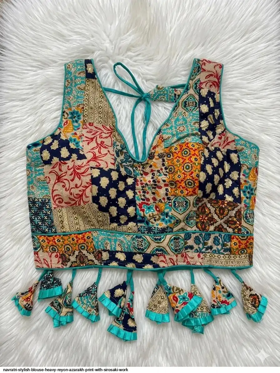 NAVRATRI STYLISH BLOUSE HEAVY REYON AZARAKH PRINT WITH SIROSAKI WORK 3