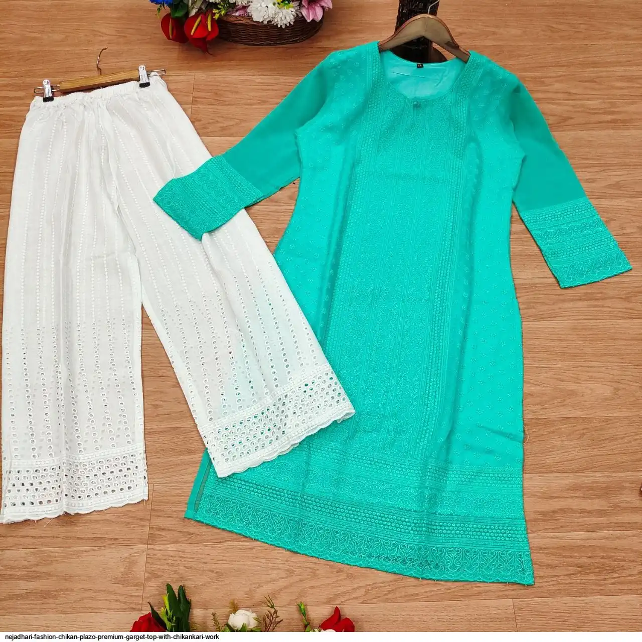 NEJADHARI FASHION CHIKAN PLAZO PREMIUM GARGET TOP WITH CHIKANKARI WORK 1