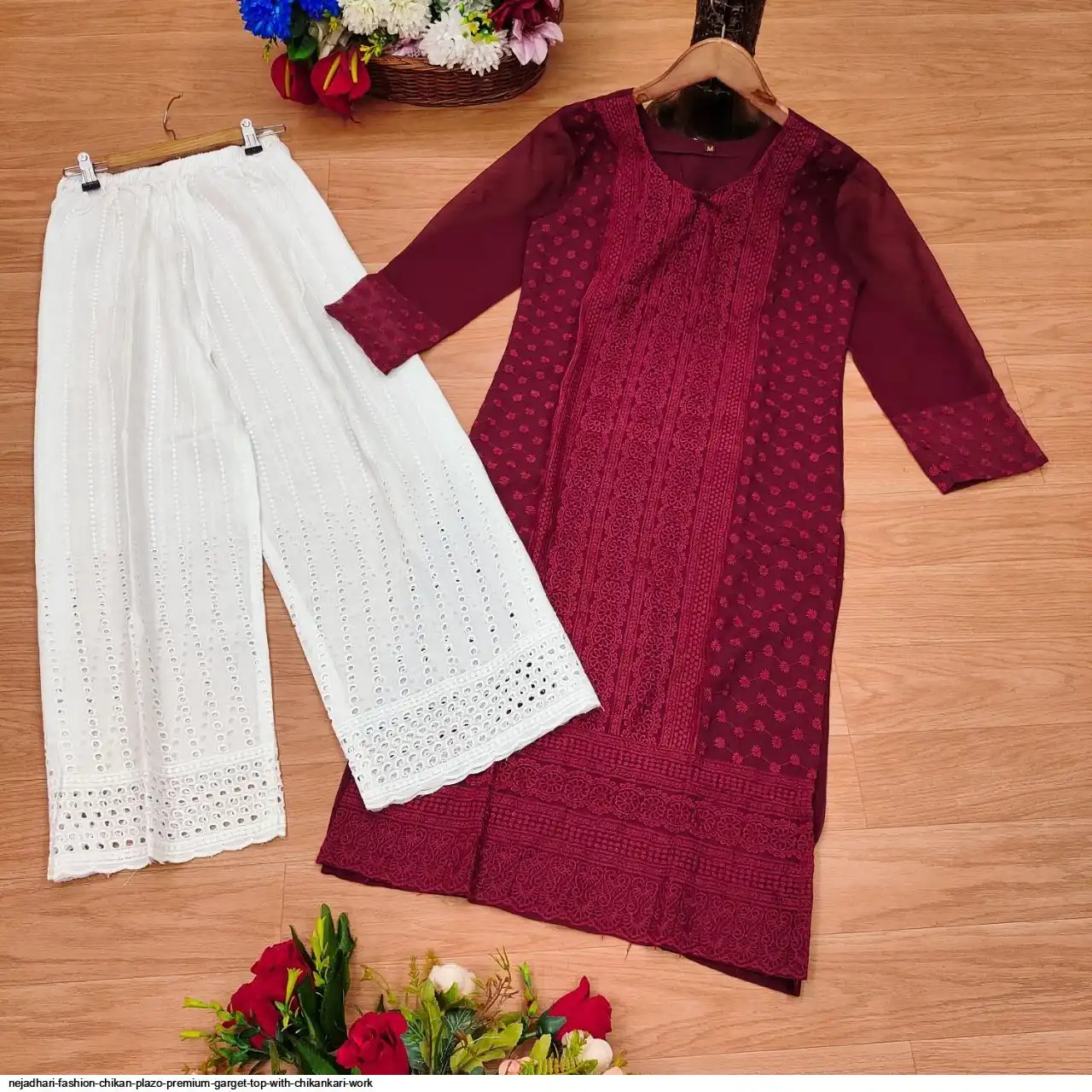 NEJADHARI FASHION CHIKAN PLAZO PREMIUM GARGET TOP WITH CHIKANKARI WORK 2