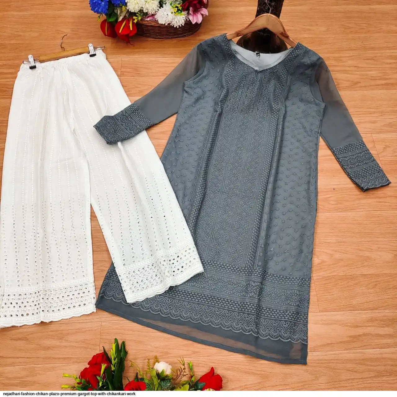 NEJADHARI FASHION CHIKAN PLAZO PREMIUM GARGET TOP WITH CHIKANKARI WORK 3