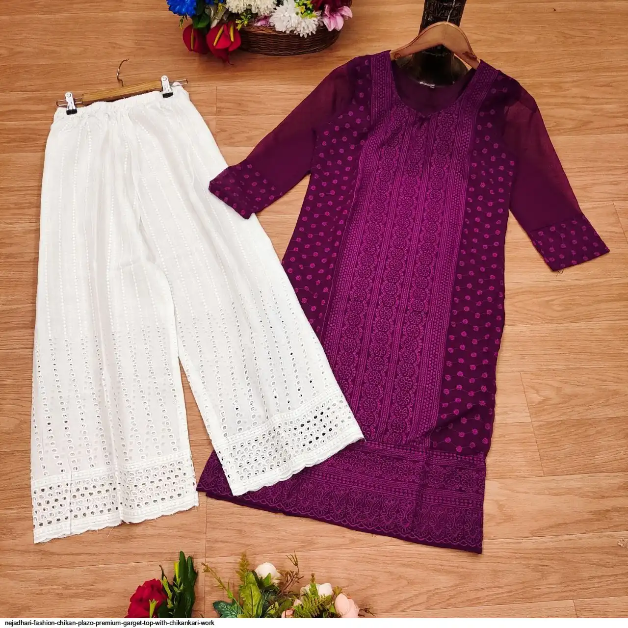 NEJADHARI FASHION CHIKAN PLAZO PREMIUM GARGET TOP WITH CHIKANKARI WORK 6