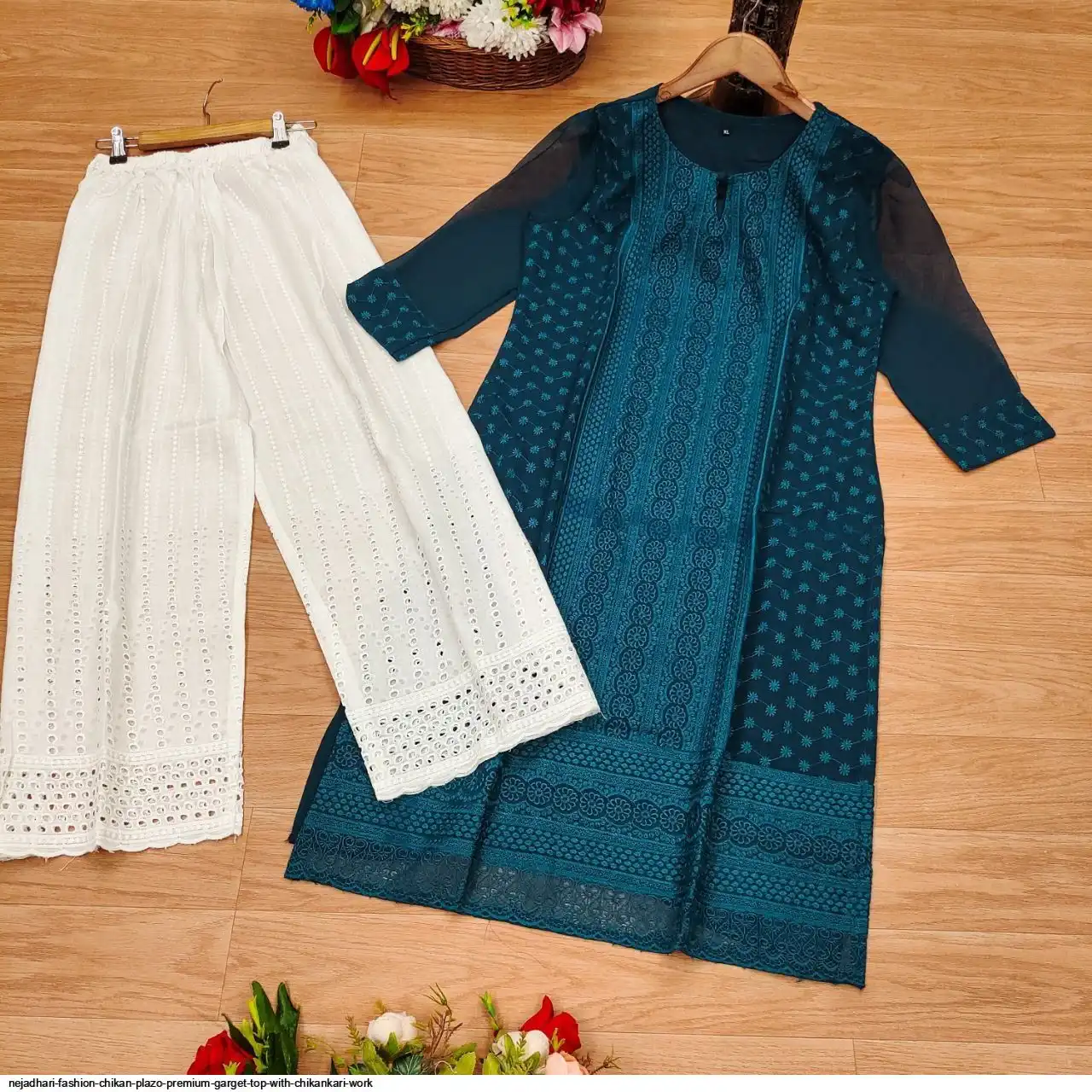 NEJADHARI FASHION CHIKAN PLAZO PREMIUM GARGET TOP WITH CHIKANKARI WORK 8