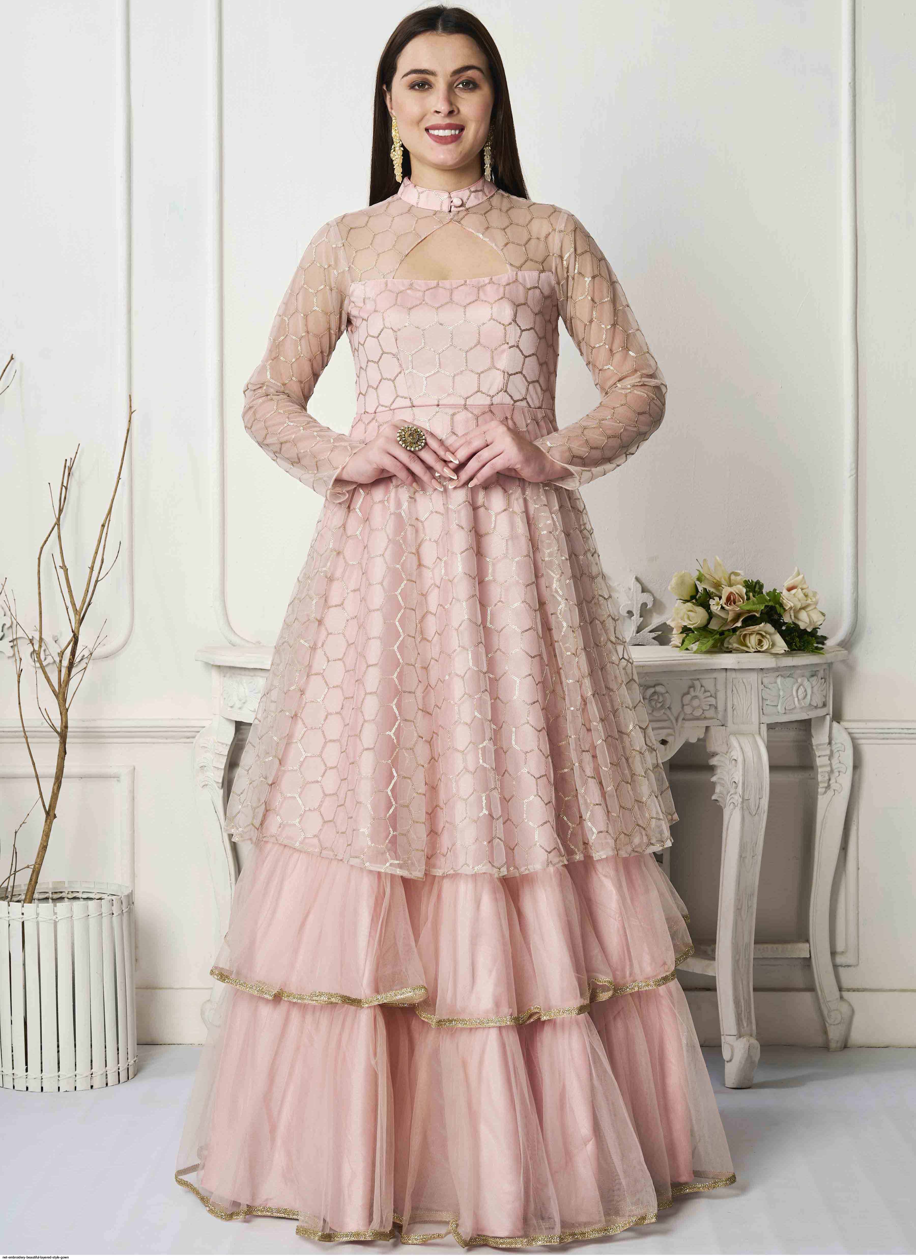 knee length dresses for ladies Baby Pink Layered Net Party Gown with Floral Ruffle Hem For Girls – Lagorii  Kids