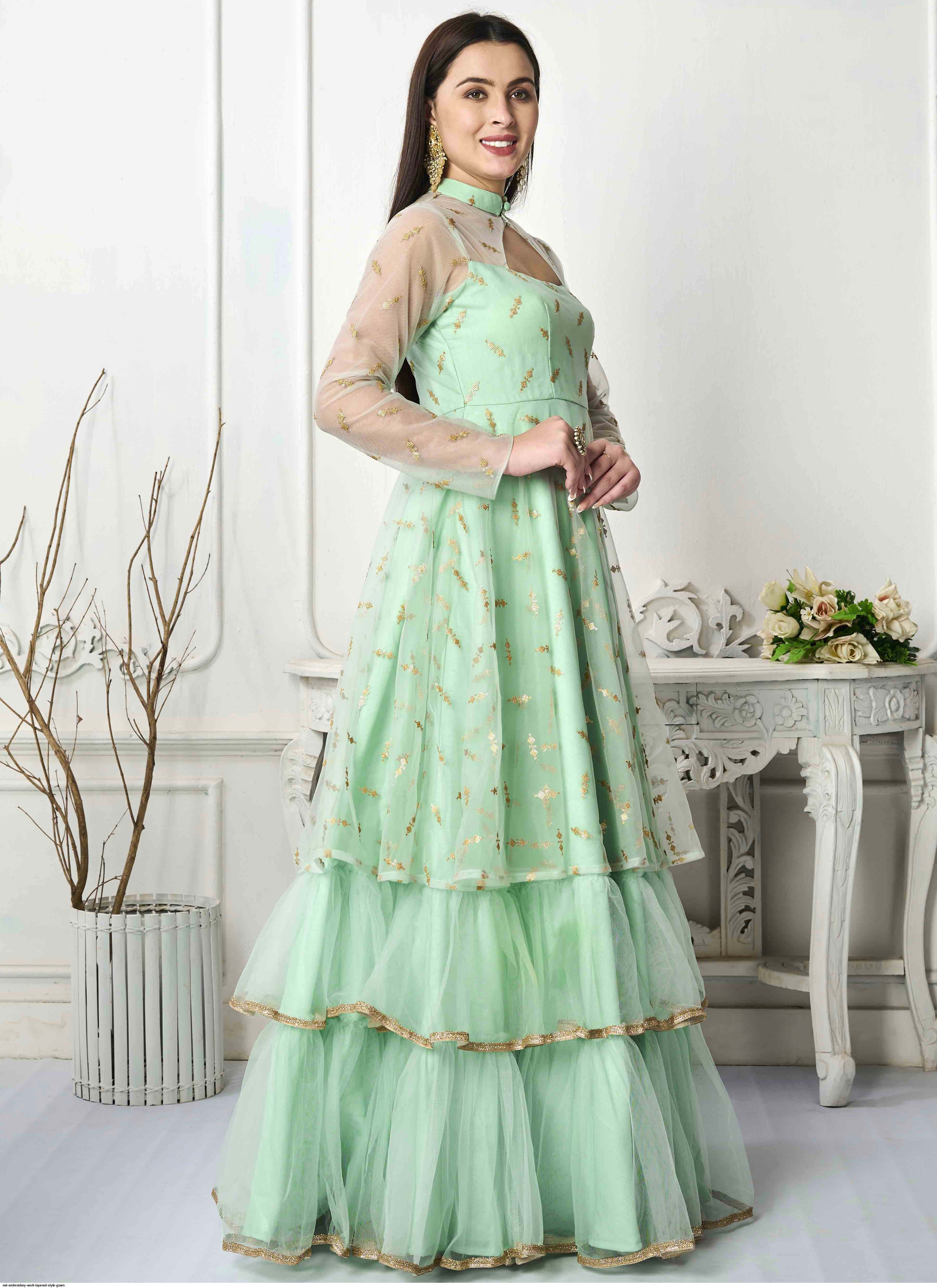Net Embroidery work Layered Style Gown