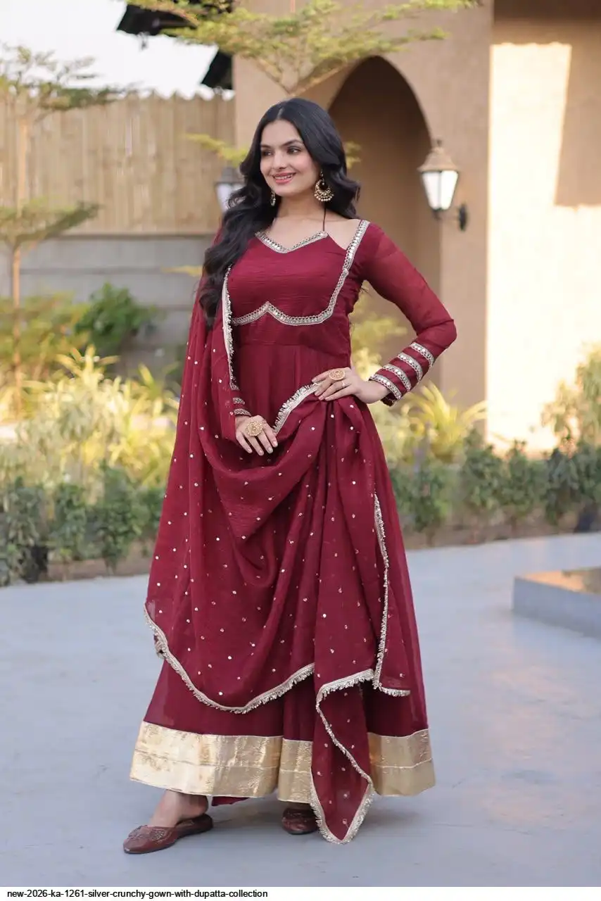 NEW 2026 KA 1261 SILVER CRUNCHY GOWN WITH DUPATTA COLLECTION A