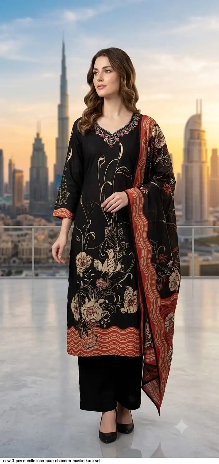 NEW 3 PIECE COLLECTION PURE CHANDERI MASLIN KURTI SET A