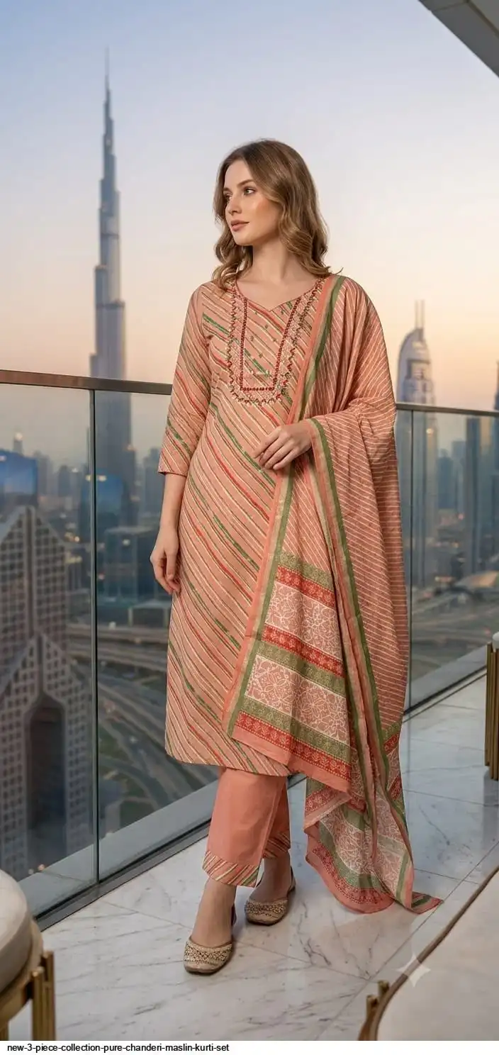 NEW 3 PIECE COLLECTION PURE CHANDERI MASLIN KURTI SET B