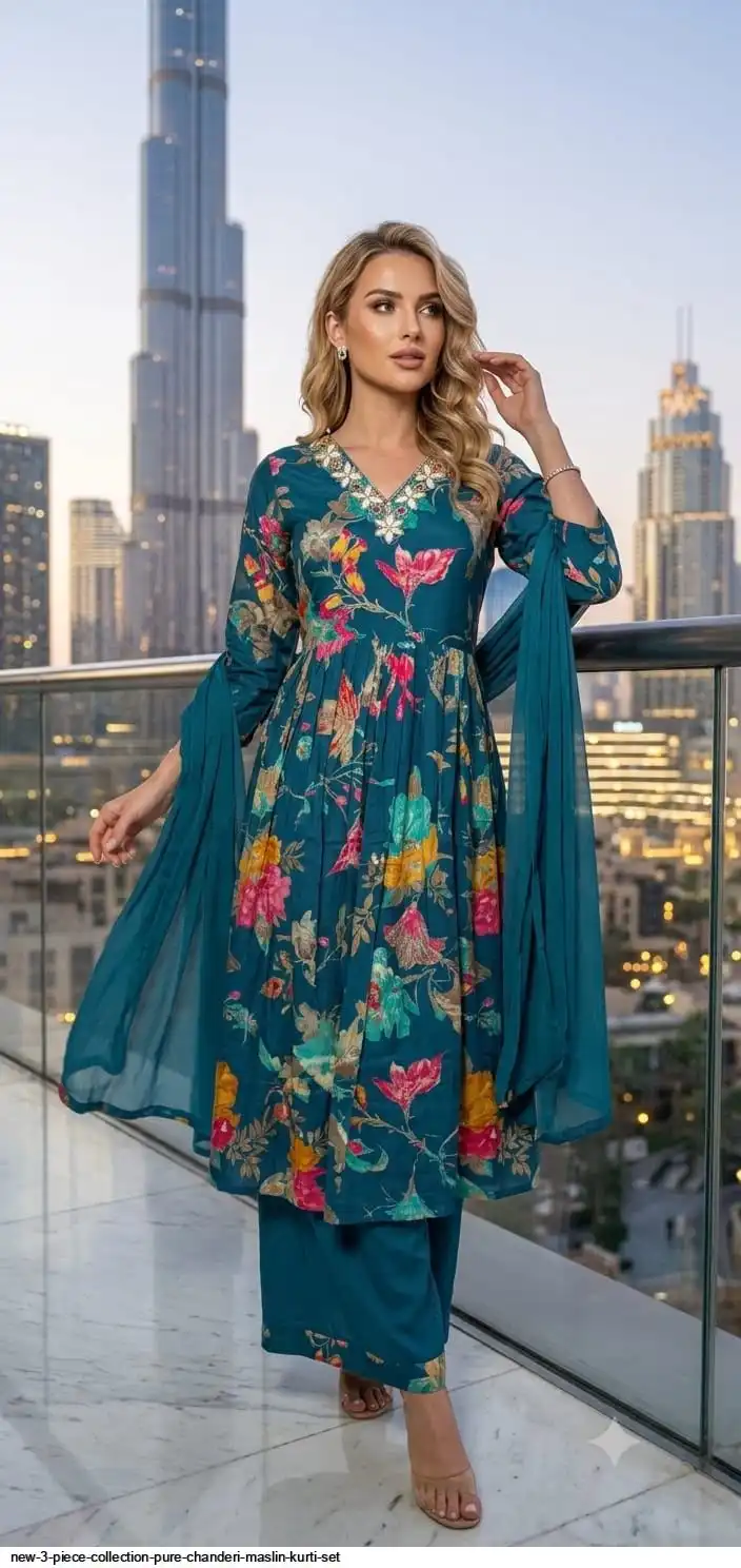 NEW 3 PIECE COLLECTION PURE CHANDERI MASLIN KURTI SET D