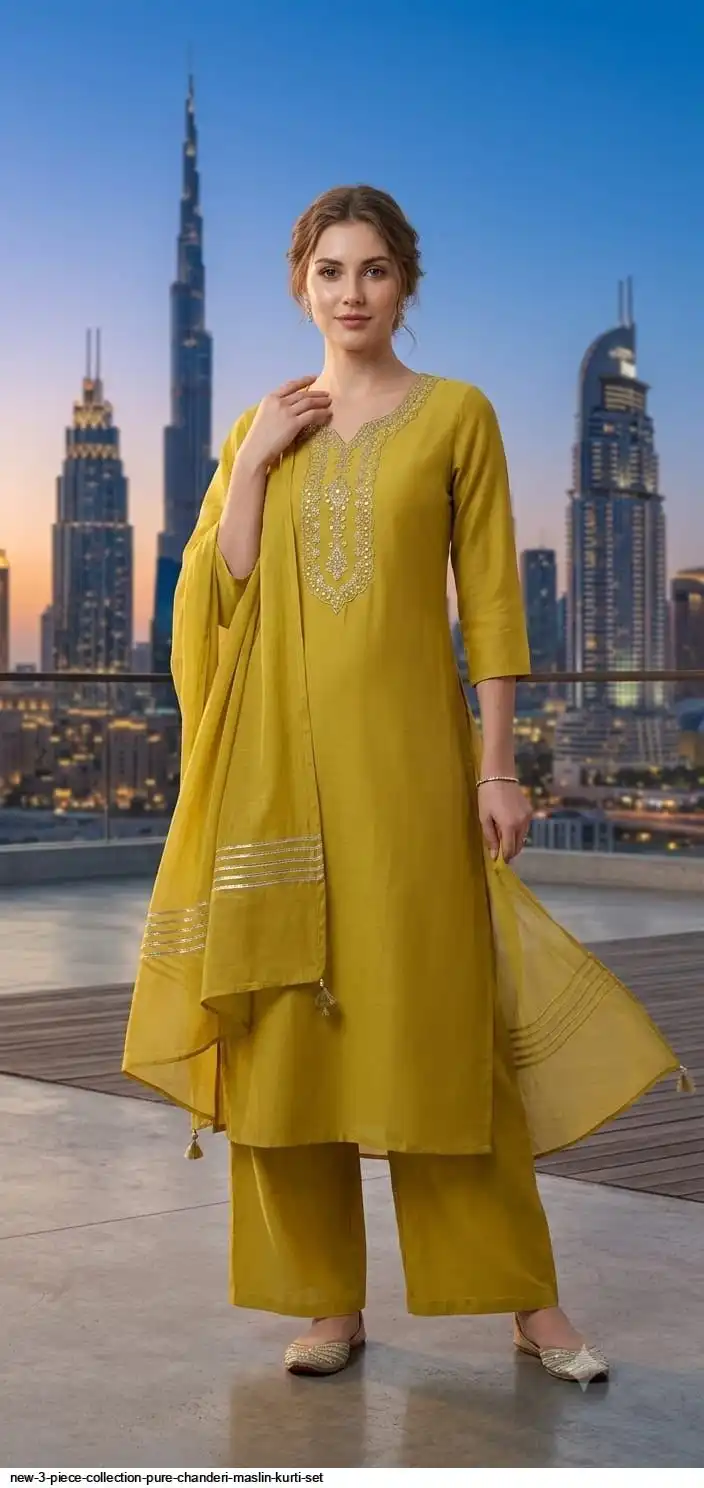 NEW 3 PIECE COLLECTION PURE CHANDERI MASLIN KURTI SET E