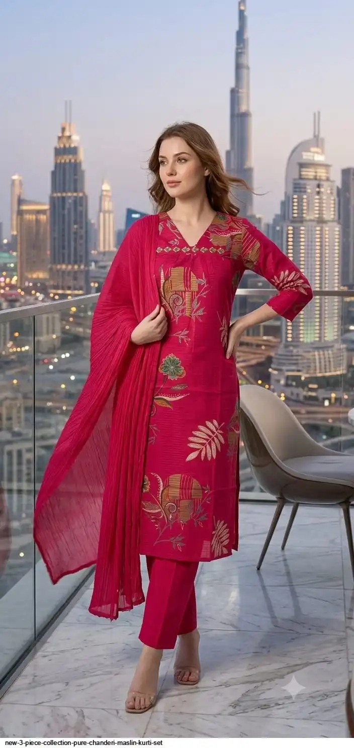 NEW 3 PIECE COLLECTION PURE CHANDERI MASLIN KURTI SET C