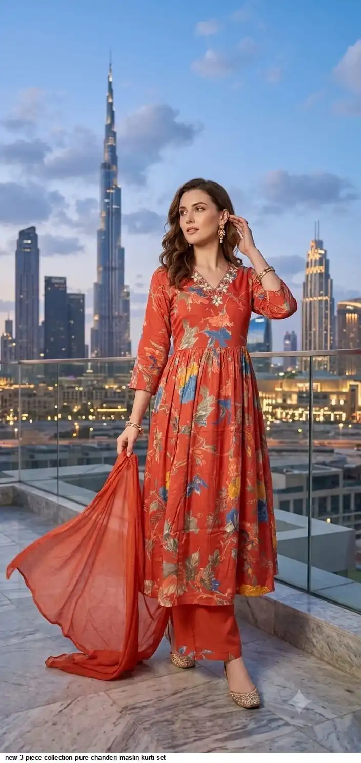 NEW 3 PIECE COLLECTION PURE CHANDERI MASLIN KURTI SET G