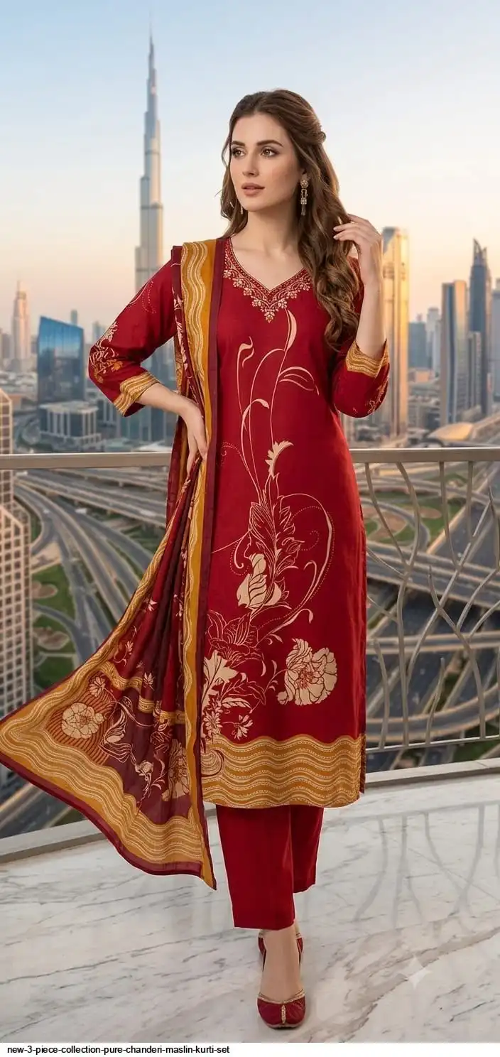 NEW 3 PIECE COLLECTION PURE CHANDERI MASLIN KURTI SET F