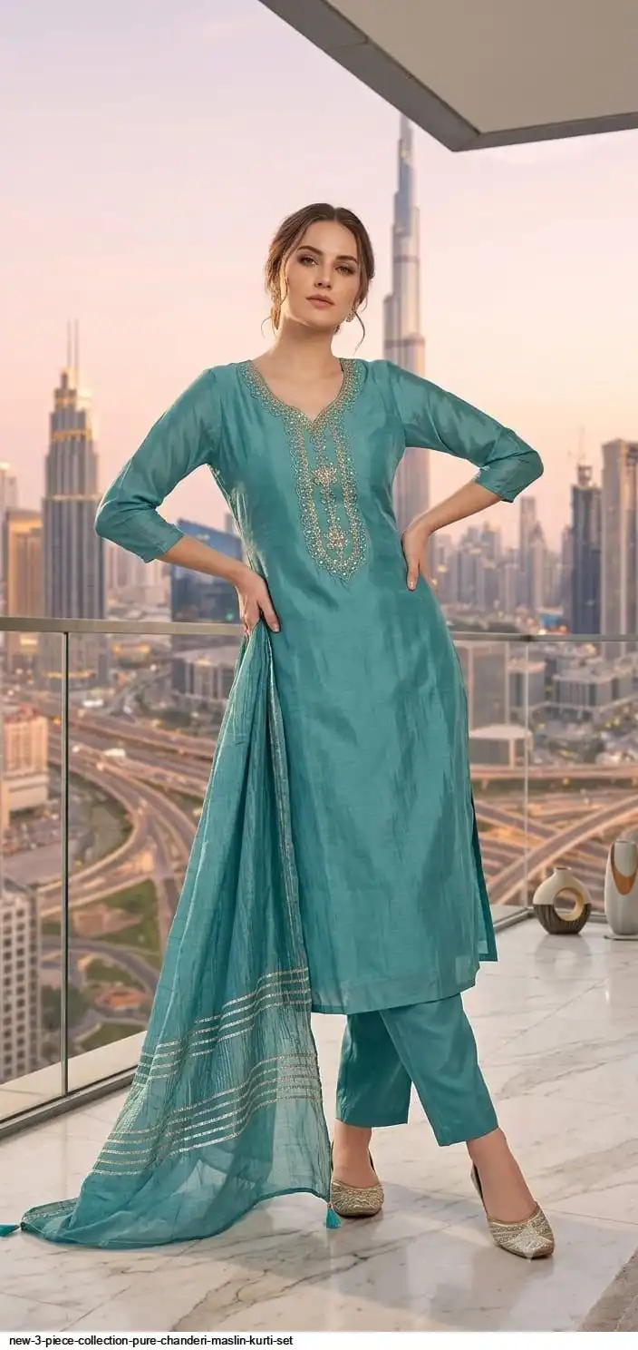 NEW 3 PIECE COLLECTION PURE CHANDERI MASLIN KURTI SET H