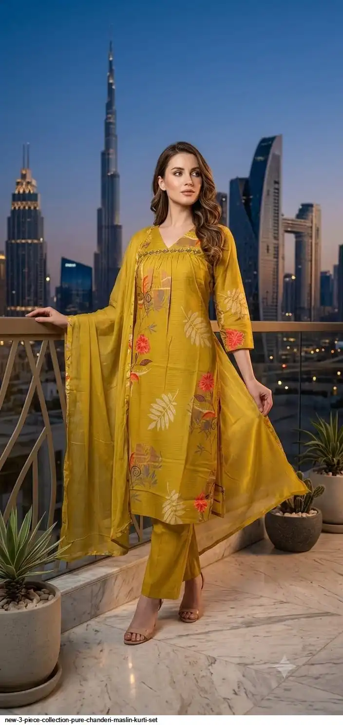 NEW 3 PIECE COLLECTION PURE CHANDERI MASLIN KURTI SET I