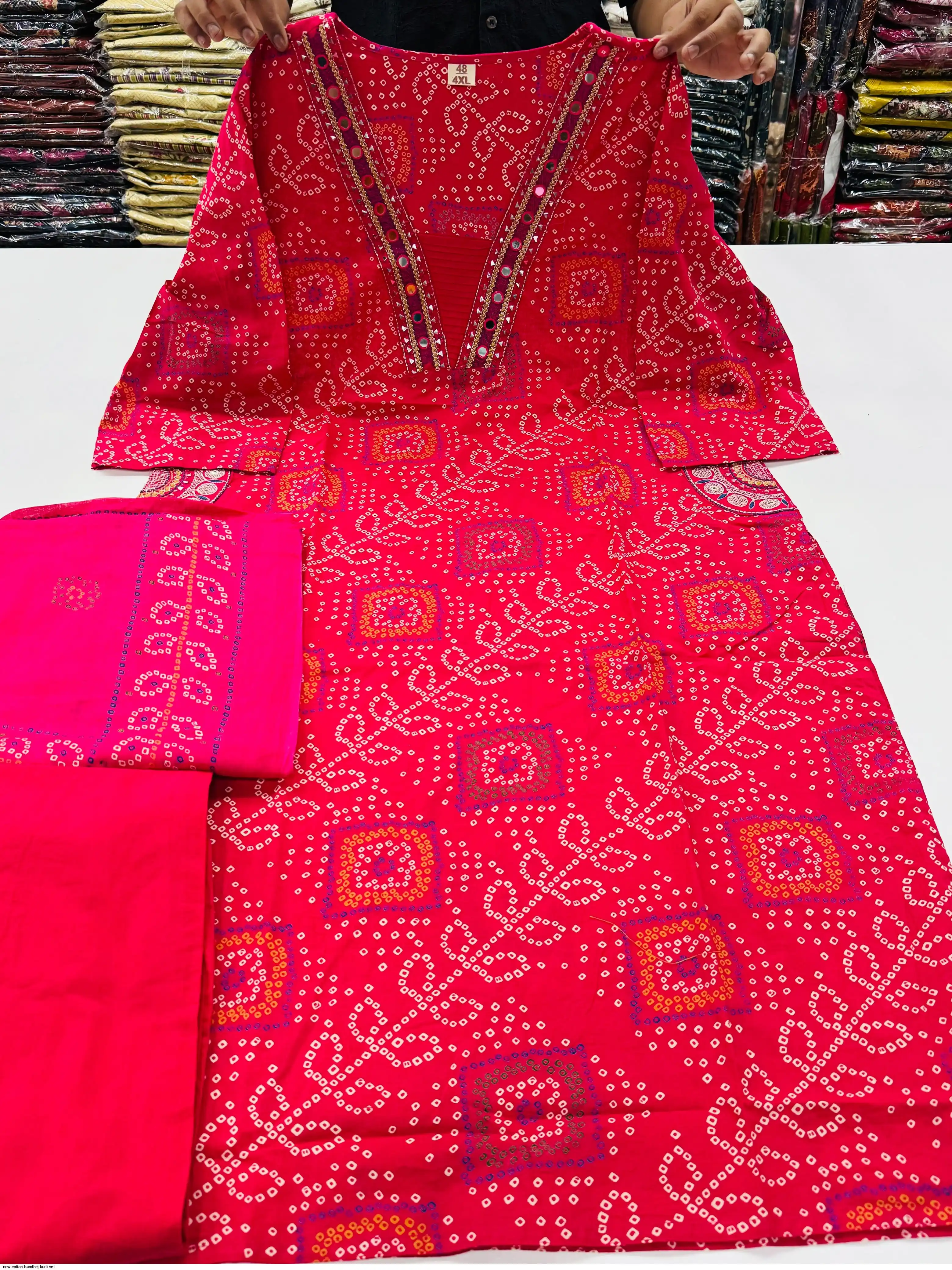 NEW COTTON BANDHEJ KURTI SET B