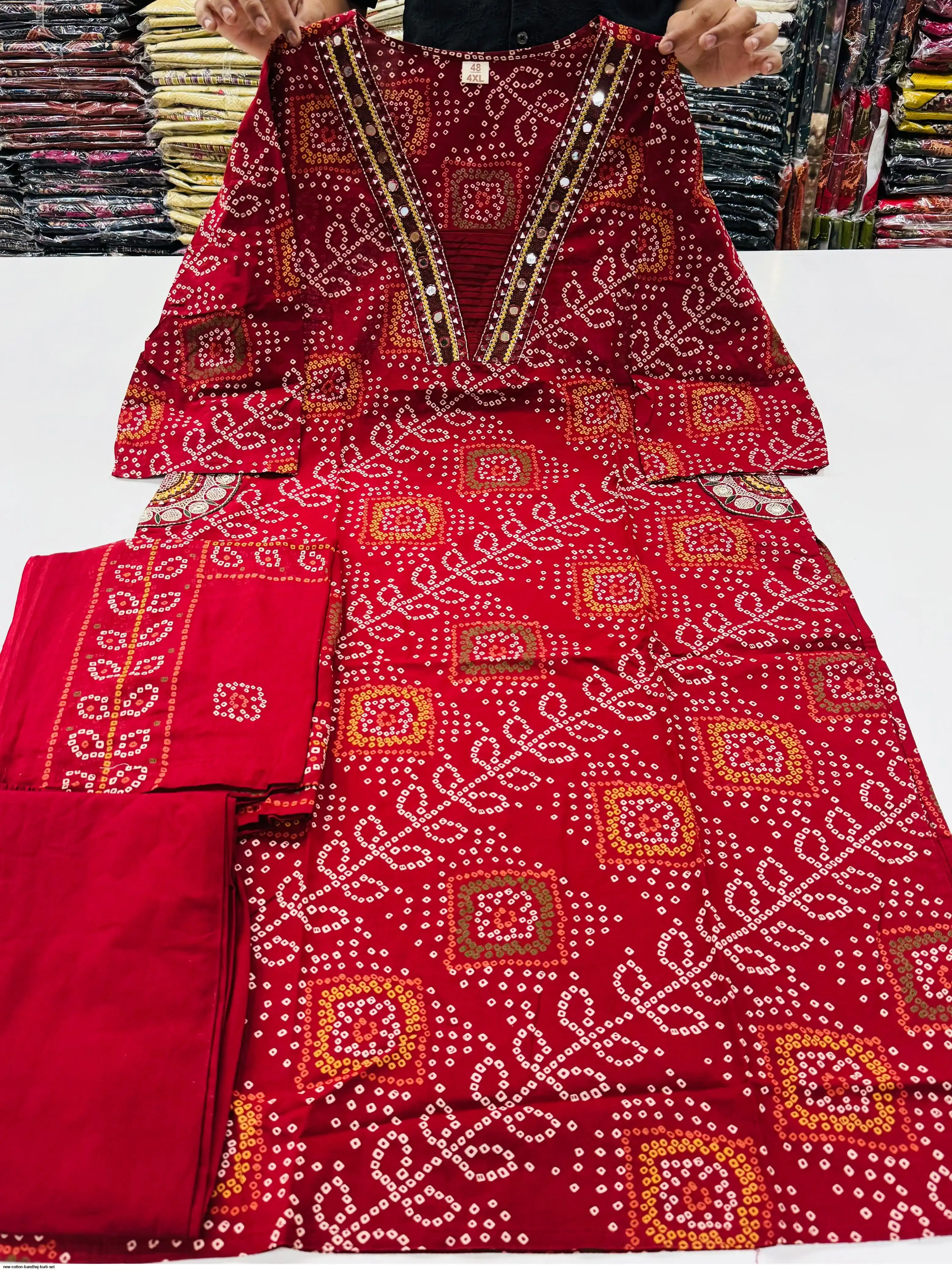 NEW COTTON BANDHEJ KURTI SET C