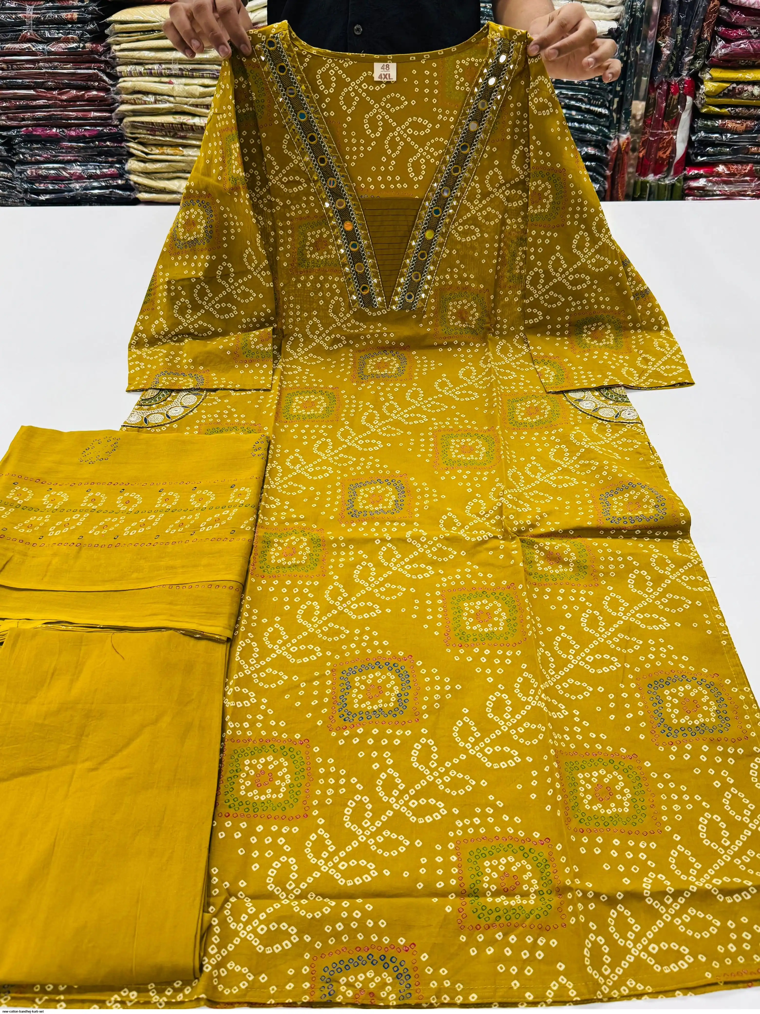 NEW COTTON BANDHEJ KURTI SET A